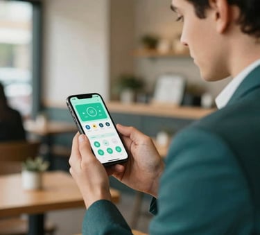 A professional business owner in a modern North American / US cafe setting looking at a high-performance mobile application on their smartphone, soft natural lighting, with a warm and professional mood, incorporating deep teal and seafoam green accents.