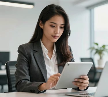 A focused South American professional in a modern office, looking at a digital tablet with a clean, bright background, professional attire.