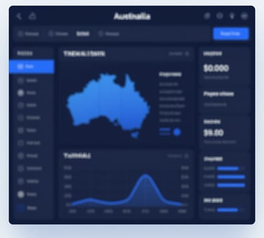 A premium, modern data dashboard showing local growth analytics for Australian businesses, featuring electric blue highlights (#007ACC) and a clean UI on a dark navy (#0F1E2E) background.