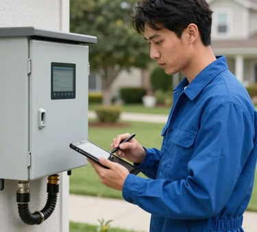 A professional service technician in a clean slate blue uniform using a digital tablet to inspect a septic system control panel outdoors in a North American residential yard during the day.