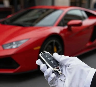 A close-up, high-fashion shot of a valet's hand in a white glove receiving a luxury car key fob. In the background, the blurred silhouette of a dark red sports car parked in front of a boutique. Lighting is elegant and theatrical, incorporating tones of #1A1A1A and #6A0505.