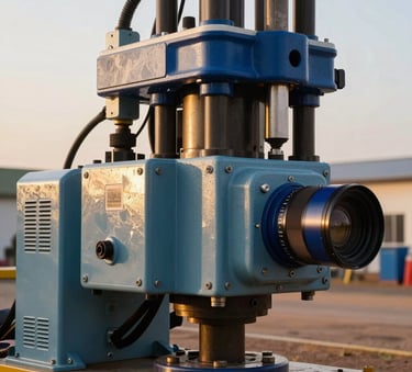 A close-up photograph of heavy-duty industrial drilling equipment at a West African facility, featuring clean lines, slate blue and navy blue accents, and polished surfaces reflecting the golden afternoon sun.