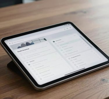 A close-up of a digital tablet displaying clean modern interfaces on a sleek wooden desk, South American / Brazilian professional office setting, natural soft sky blue lighting, minimalist and efficient mood.