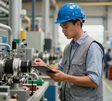 A professional South American / Colombian industrial engineer in a grey safety vest and blue hard hat inspecting a modern manufacturing facility, natural lighting, sharp focus on technical details.