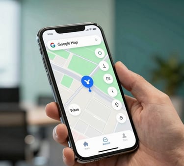 A close-up of a smartphone screen displaying Google Maps and Waze navigation icons, held by a person in a modern Malaysian office setting. Professional lighting, incorporating the sage green #A4C3A8 and deep teal #1C2D2F colors in the background decor.