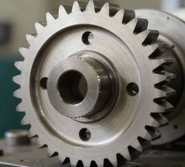 Macro photography of a high-precision metallic mechanical gear, industrial setting in India, professional lighting, color palette of off-white and charcoal.