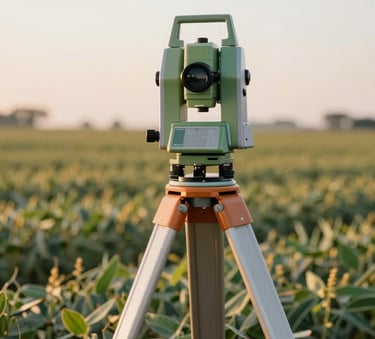 A high-precision total station surveying equipment set up in a vast soybean field in Mato Grosso do Sul at sunrise, soft golden lighting, professional engineering atmosphere with colors #0F2027 and #2E5F49 subtle in the background.