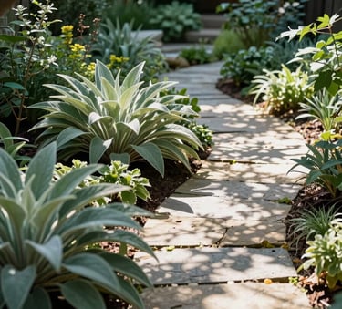 A serene backyard landscape in the North American / US, featuring a stone path winding through healthy plants. Dappled sunlight filters through trees, highlighting sage green foliage and meticulous garden maintenance.
