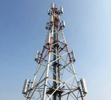 Wide-angle outdoor shot of a modern telecommunications tower against a bright South American / Brazilian sky, sharp focus, representing engineering excellence and corporate reliability, blue and white tones.