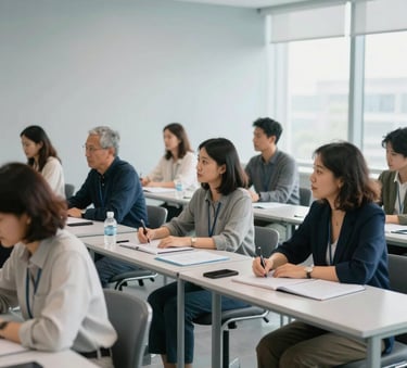 A group of focused adults in a brightly lit, modern North American classroom participating in a career workshop, soft natural light, minimalist interior design with Light Grey and Pale Blue accents.