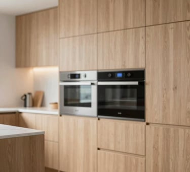 A luxury modern kitchen with minimalist wooden cabinetry in a light oak finish, integrated appliances, and a marble countertop. The lighting is bright and airy, emphasizing clean lines and the high-quality wood textures of Mauri Woods.
