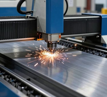 A high-precision CNC laser cutting machine in a Brazilian factory, sparks flying as it cuts through a thick sheet of polished stainless steel, blue and grey metallic tones, professional industrial photography.