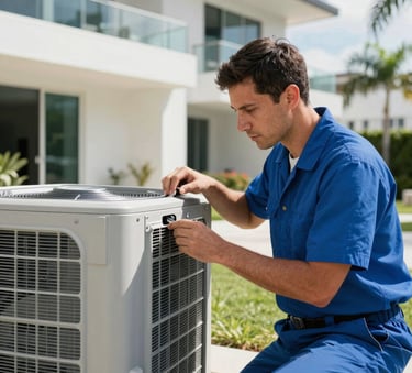 A professional technician wearing a clean blue uniform inspecting a modern HVAC unit outside a contemporary Miami residence, bright daylight, North American / US (Miami) architecture.