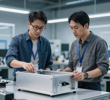 A professional North American / US product manager in a clean, modern tech office environment inspecting a high-quality aluminum hardware enclosure, soft lighting with Industrial Blue accents, professional photography style.