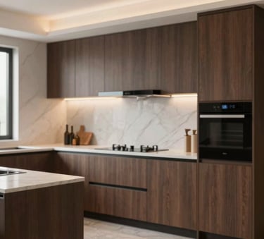 A professionally staged modern kitchen in Sylhet featuring custom minimalist cabinets in a deep wood finish, marble countertops, and warm ambient lighting. The style is sophisticated and elegant, incorporating a color palette of #1A2A27 and #F7F7F2.