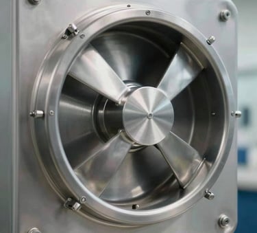 A close-up of a perfectly cleaned, sparkling stainless steel commercial exhaust fan, industrial setting, bright professional lighting, showing meticulous detail, with metallic #8DAABF highlights.