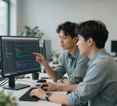 Two focused software engineers collaborating in a modern, minimalist office. They are looking at a large monitor displaying complex code structures. The lighting is soft and natural with subtle #476C7D blue accents in the office decor, conveying a sense of teamwork and trust.