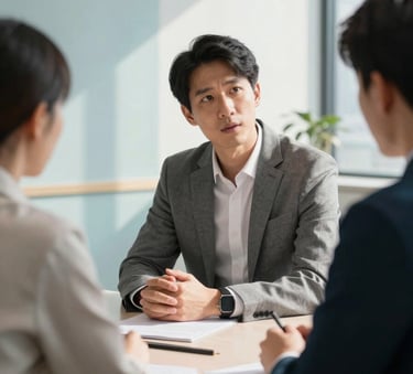 A close-up photograph of a professional mentorship session in a sunlit, modern North American office. Two professionals in business-casual attire are engaged in a thoughtful discussion across a sleek conference table with soft powder blue accents.
