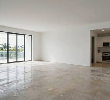 Wide-angle shot of a beautifully restored Miami modern home interior after a professional flood cleanup. The space is bright and airy with crisp white walls and polished floors, emphasizing a clean and safe environment in South Florida / US.