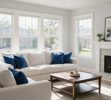 A bright, clean residential living room in a North American home, featuring white furniture and royal blue pillows, sunlight streaming through large windows, wide-angle photography.