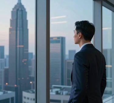 A professional in a sharp suit looking through a large, clean glass window at a modern city skyline at dusk. The lighting is dominated by soft sky blue and steel blue tones, reflecting a mood of deep observation and insight.