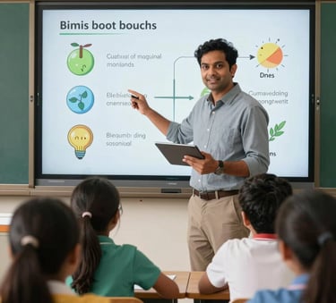A modern Indian teacher in a bright classroom using a tablet and an interactive smartboard to explain a biology concept through a colorful, story-based animation to engaged students.