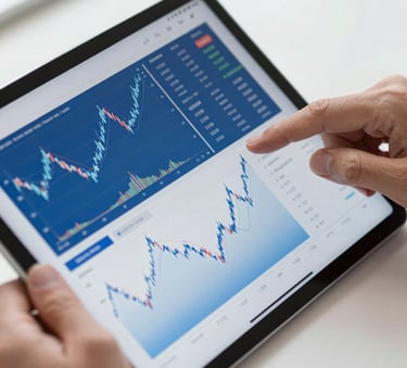 A close-up of professional hands working on a sleek tablet displaying complex financial charts and data in a Global Professional Business setting, with soft natural light and a clean white and strong blue color palette.