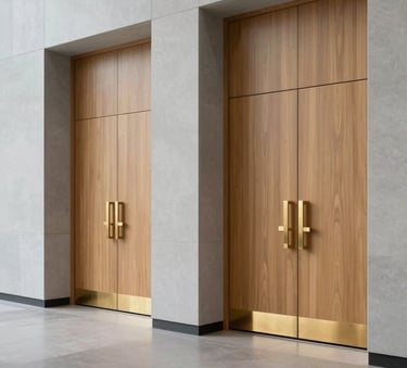 A wide shot of a modern corporate lobby in North America / US featuring large, high-quality wooden double doors with gold-toned hardware, clean lines, professional minimalist aesthetic, light grey and tan colors.