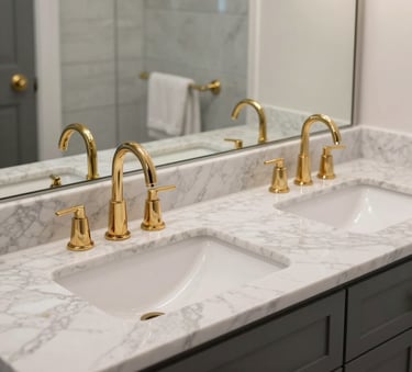A high-end modern bathroom vanity with dual sinks, marble countertops, and gold faucets, featuring sleek dark gray cabinetry in a bright North American home setting.