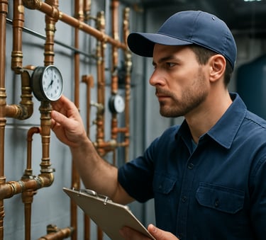 A focused, professional plumber in a modern North American commercial mechanical room, inspecting a series of copper pipes and gauges. The lighting is bright and clean, emphasizing a professional and efficient workspace with steel blue and dark blue accents.