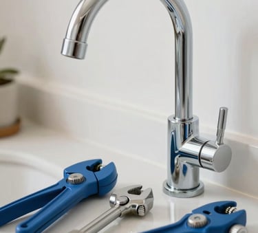 A close-up shot of professional plumbing tools and a modern chrome faucet installation in a clean South American home, reflecting a serious and high-quality service style with Steel Blue and White tones.