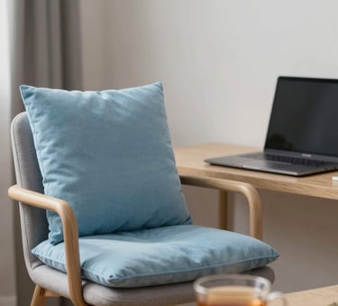 A peaceful therapy room corner with a comfortable chair, a soft blue #AABCCB cushion, and a desk featuring a laptop and a warm cup of herbal tea. Serene and secure atmosphere.