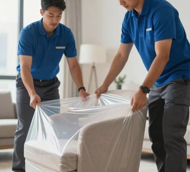 A close-up of professional movers carefully wrapping a designer armchair in protective film, set in a bright Dubai apartment. The movers wear uniforms in #2C3E50 and #6B7B8E. High-quality, modern, and trustworthy aesthetic.