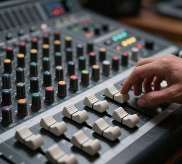 A close-up of a professional sound mixing board in a dimly lit studio. The knobs and faders are touched by crisp white light. Minimalist and tech-forward. Global / International.