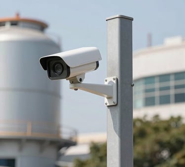 Professional photography of a high-tech security camera mounted on a modern gray metal post, part of a perimeter security system, South American industrial setting, bright daylight.