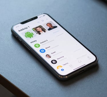 A high-end smartphone lying on a minimalist slate blue desk, showcasing a crisp and user-friendly Android application interface, professional lighting, Global / Tech-focused.