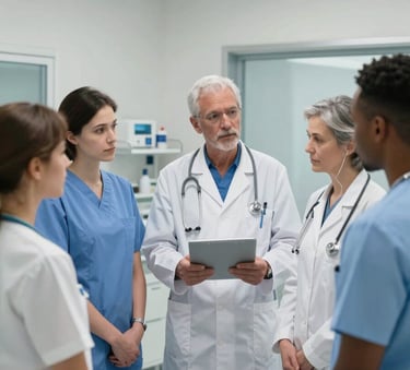 A diverse group of healthcare professionals in professional attire engaged in a clinical briefing within a clean, high-specification Northern European medical facility.