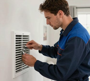 Professional HVAC technician in a clean uniform inspecting a vent in a modern North American / US living room, with a color palette of deep navy and sky blue accents.
