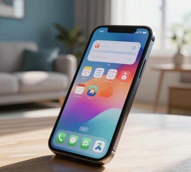 A close-up photograph in a modern Eastern European / Croatian living room showing a smartphone displaying a colorful and playful user interface, natural sunlight streaming in, soft blue color palette in the background.