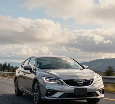 A high-end sedan driving on a scenic highway in the Pacific Northwest, North American / US. The windshield is perfectly clear, reflecting a sky blue and off-white clouded horizon. The shot is dynamic and professional, with natural lighting.