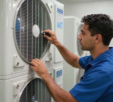 A close-up of a professional in a South American / Brazilian industrial setting inspecting a large HVAC chiller unit, bright and clean lighting, professional atmosphere.