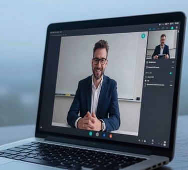 A close-up photograph of a professional laptop screen showing a live video training session with a friendly mentor. The scene is bathed in soft sky blue and mist lighting, conveying a sense of empowerment and learning.