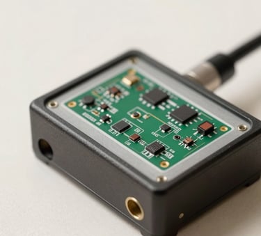 Close-up of industrial-grade welding control cards for pipe machinery, precision micro-electronics, shallow depth of field, neutral soft off-white background in a professional setting.