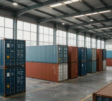 A wide-angle shot of a clean, modern logistics warehouse interior with organized stacks of shipping containers, soft daylight filtering through high windows, professional International / Global setting.