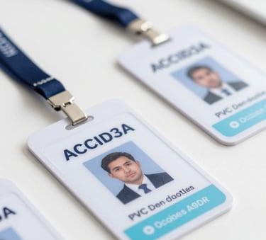 A close-up shot of professional PVC ID cards (Aadhaar, PAN, and Corporate IDs) neatly displayed on a minimalist white desk. The image has clean, sharp edges and uses a lighting style that highlights the high-quality print texture. Color accents include #0C1D3F and #A9D1EF for a professional feel.