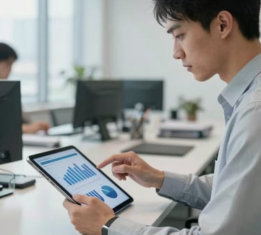 A focused professional in a modern North American corporate office suite using a sleek tablet to interact with business analytics, soft natural lighting, reflecting a steel and ghost white color palette.