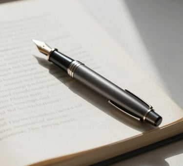 A sophisticated still life of a fountain pen resting on a scholarly manuscript, natural light from a window casting soft shadows, incorporating a color palette of #1F3F49 and #B8C7C9 for a trustworthy, academic vibe.
