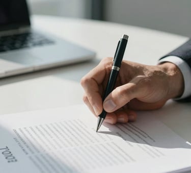 A close-up photograph of a professional's hand signing a corporate contract on a clean white desk, featuring soft blue-grey tones and natural morning light, North American / International office setting.