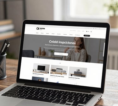 Detailed photography of a laptop screen displaying a modern, high-contrast website layout in a bright North American home office, natural daylight, professional and clean aesthetic.