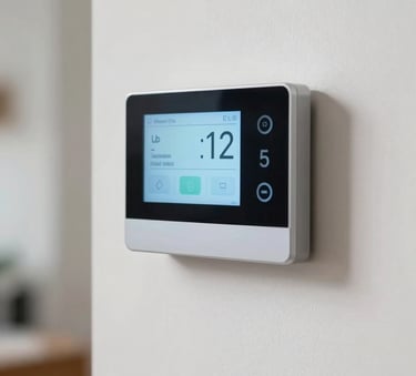A high-quality photograph of a modern digital smart thermostat mounted on a clean wall in a North American home. The screen displays a comfortable temperature, and the composition is minimalist and professional.